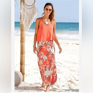 S.Oliver Floral Layered Look Maxi Dress, Coral, Size 46, Large